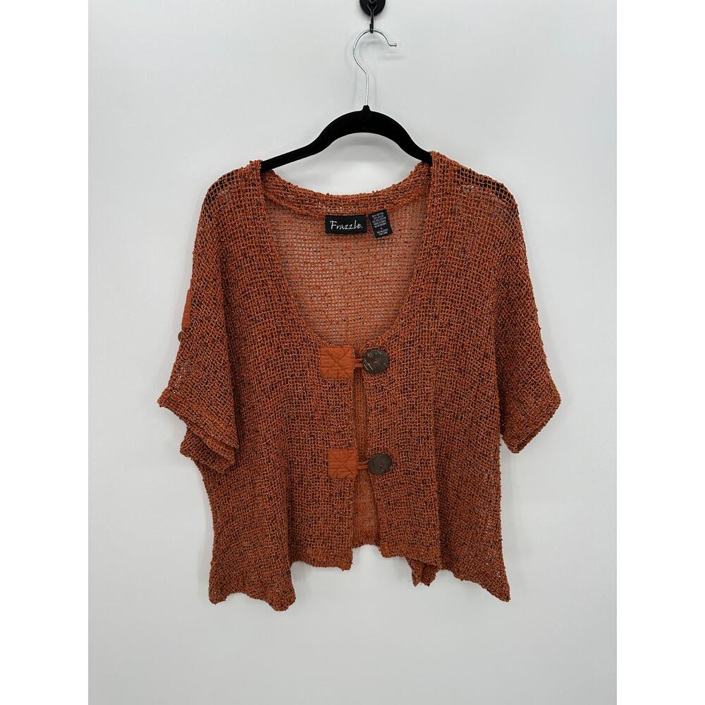 Frazzle Open Knit Cardigan Top Boho Crochet Short Sleeve Wood Buttons Sz L Artsy